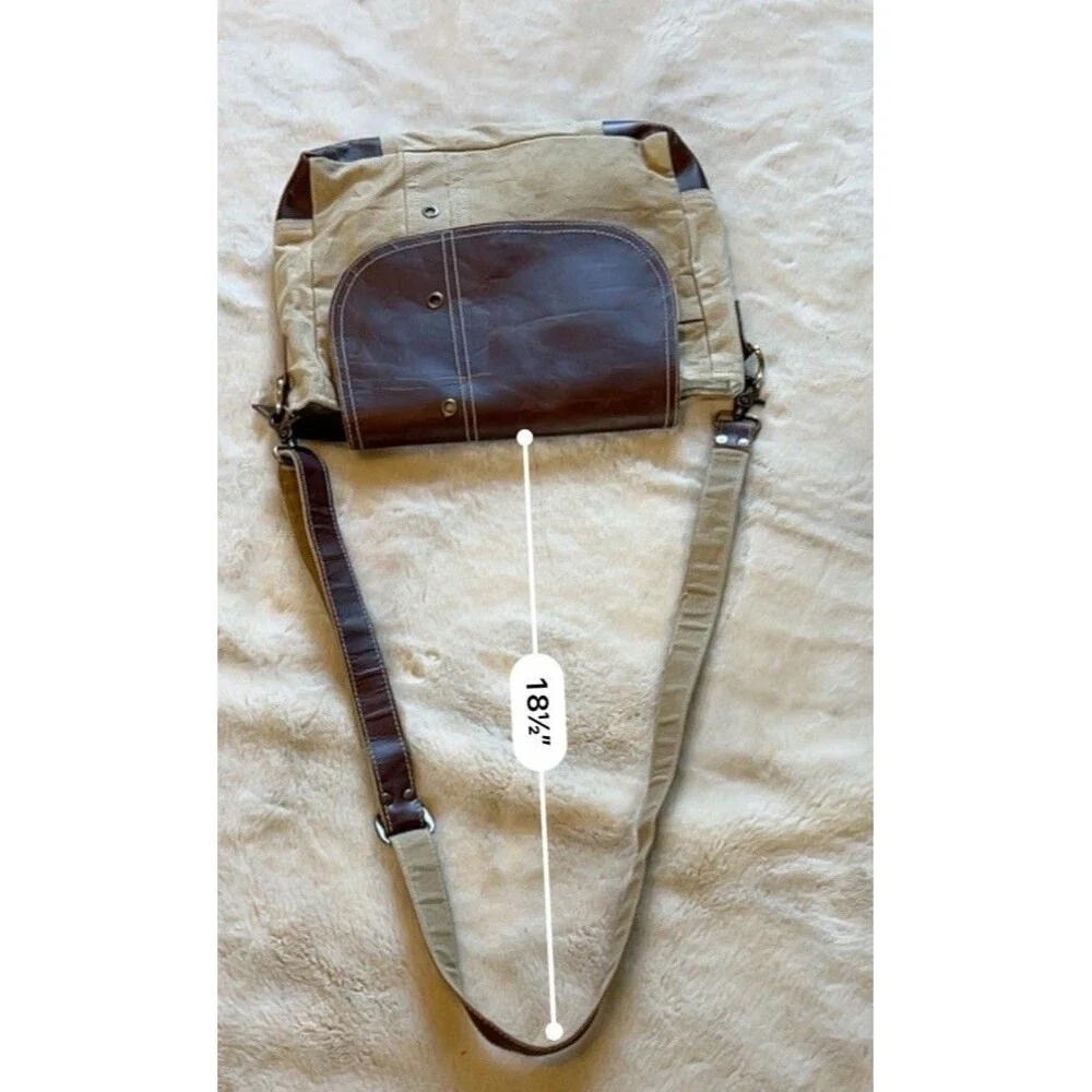 Recycled Military Messenger Bag Crossbody Adjustable Pockets Beige/leather Boho